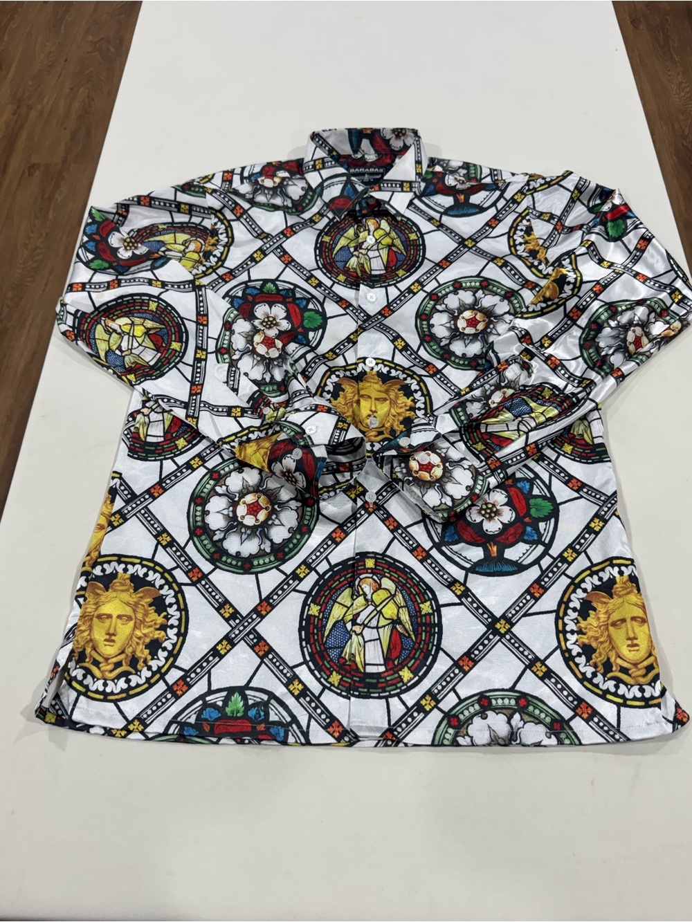 BARABAS Men’s Stained-Glads Print Slim-Fit Silk-Like Long Sleeve Shirt Size M